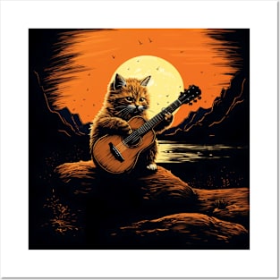 Kitten playing acoustic guitar Posters and Art